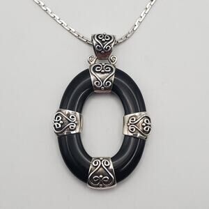 Merav Vtg Sterling Silver Onyx Oval Heart Bands Pendant 16" Chain 925 Necklace